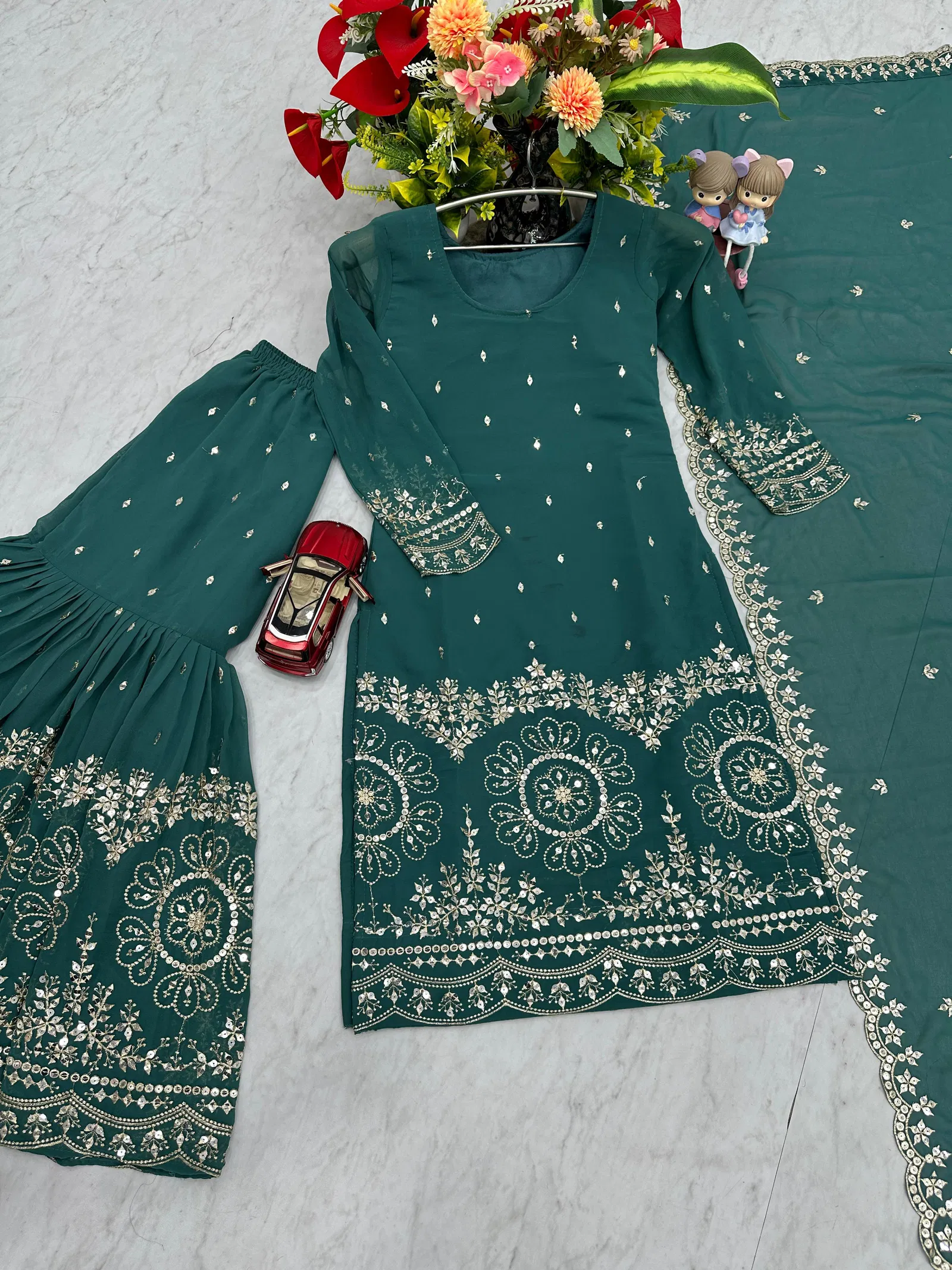 Pf 026 Faux Georgette With Heavy Embroidery Work Top Sarara With Dupatta Wholesale In India